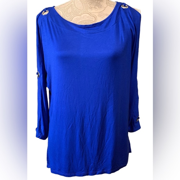 CABLE & GAUGE WOMENS COLD SHOULDER BLOUSE ROYAL BLUE MEDIUM - Picture 1 of 7